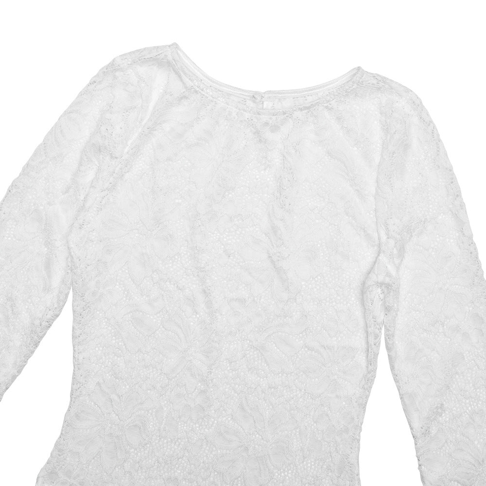 Clubbing Dresses - Lace Round Neck Hollow Out Slim-fitting Patchwork Dress