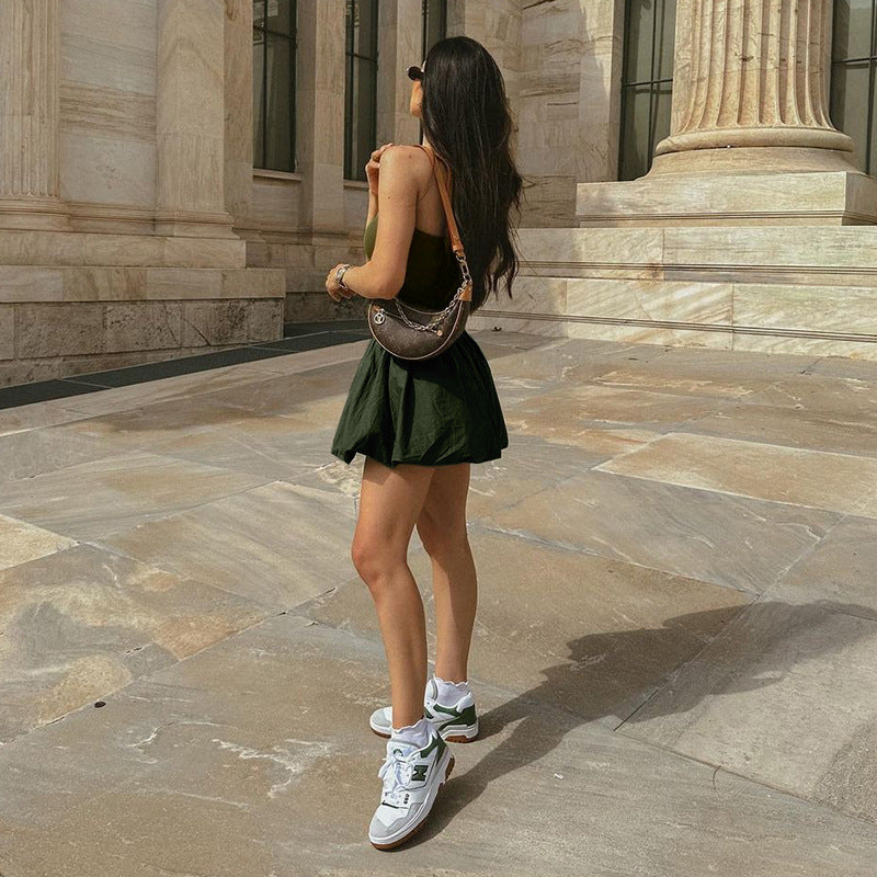 Drop Waist Dresses - Women's Solid Color Sleeveless Strap Stitching Short Dress