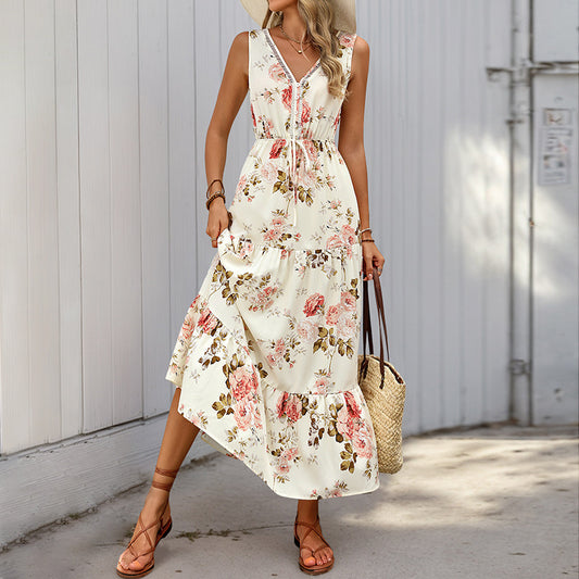 A-Line Dresses - European And American Printed Dress V-neck Lace Stitching Dress