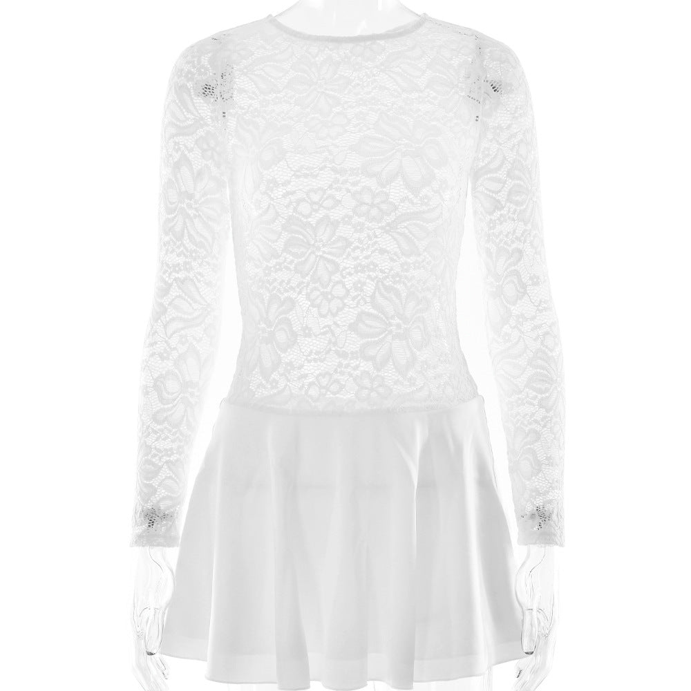 Clubbing Dresses - Lace Round Neck Hollow Out Slim-fitting Patchwork Dress