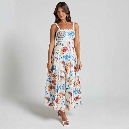 A-Line Dresses - Printed Sling Stitching Dress