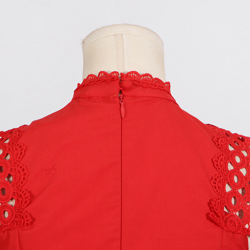 Round Neck Sleeveless Waist Lace Stitching Solid Color Dress