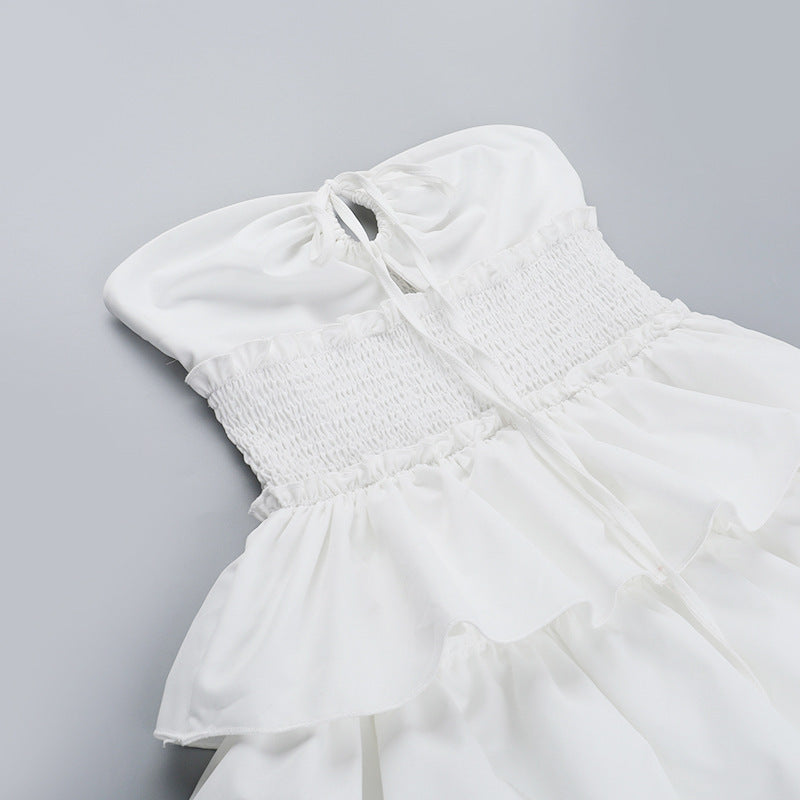 Tube Mini Dresses - Tube Top Hollow-out Cinched White Cake Dress Female Dress