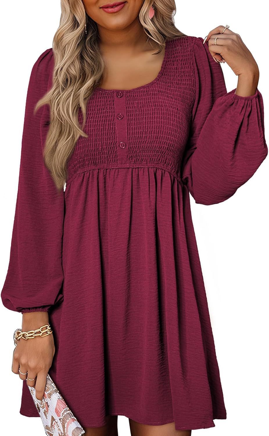 Casual Dresses - Long Sleeve High Waist A- Line Mini Dress