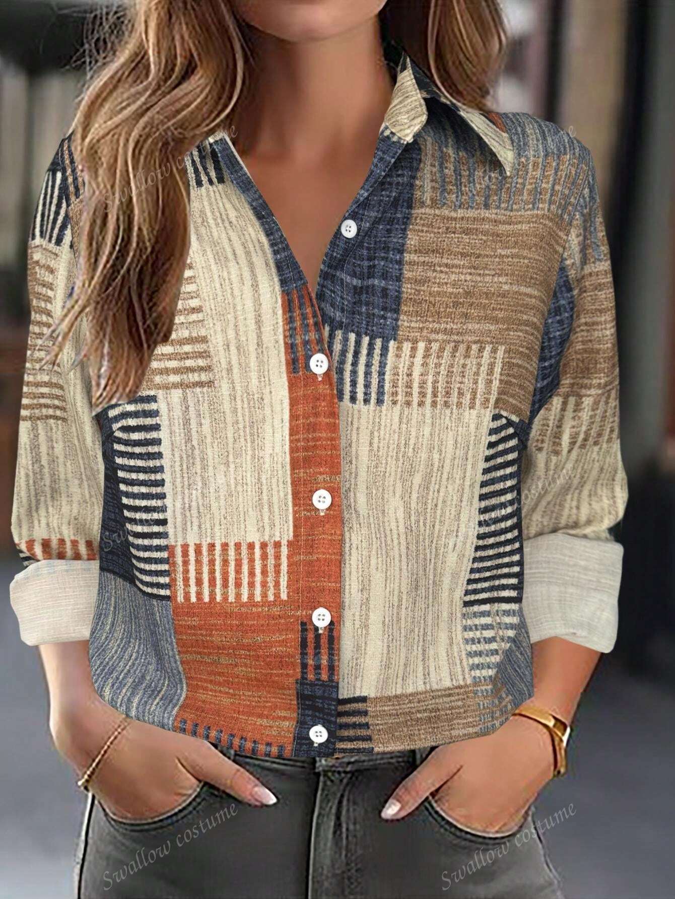 Shirts - Color Block Button Print Long Sleeve Casual Retro Shirt