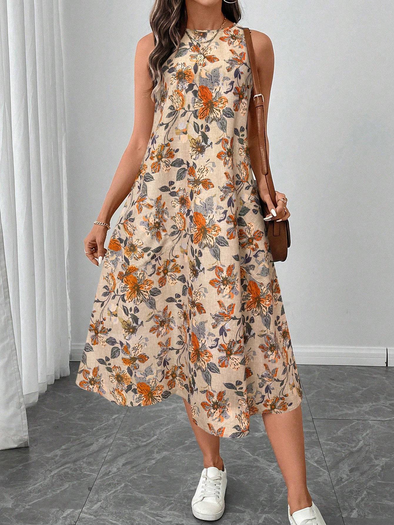 A-Line Dresses - Round Neck Sleeveless Flared Hem Retro Floral Print Casual Elegant Midi Dress