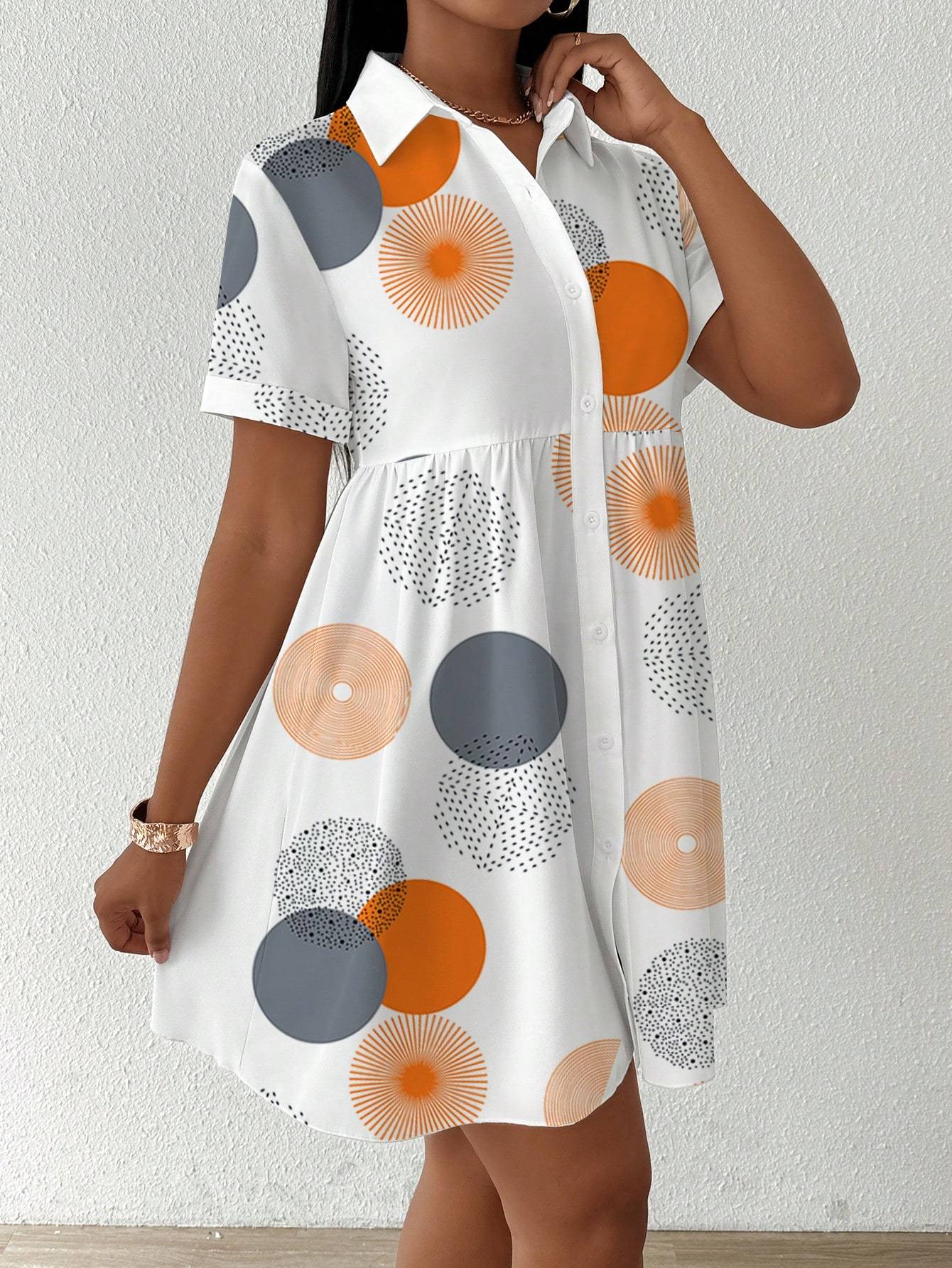 Shirt Dresses - Clasi Button-Front Short Sleeve All-Over Print Casual Short Dress Women Shirt