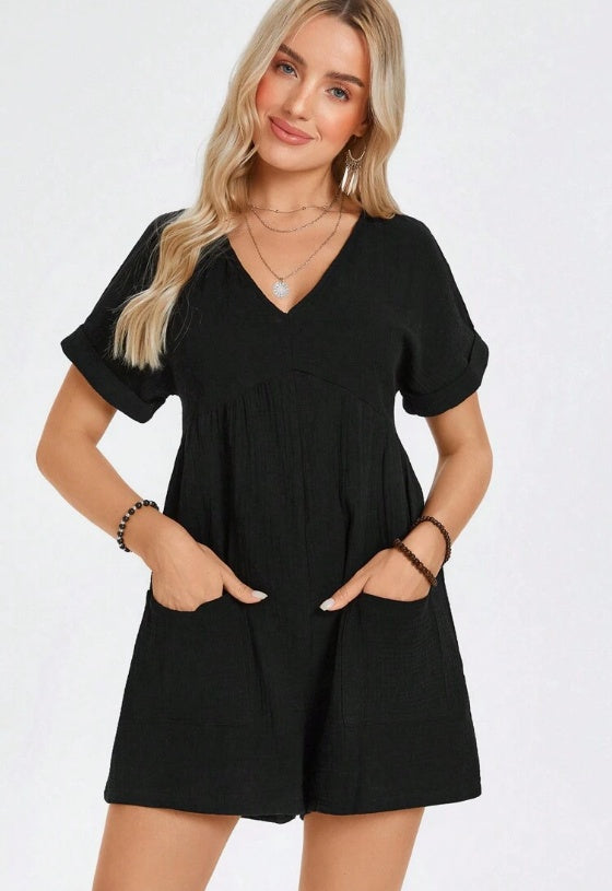 Rompers - Batwing Sleeve Pocket Patched Romper