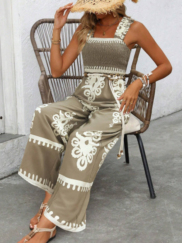 Jumpsuits - Women's Vacation Casual Sleeveless Printed Wide Leg Jumpsuit