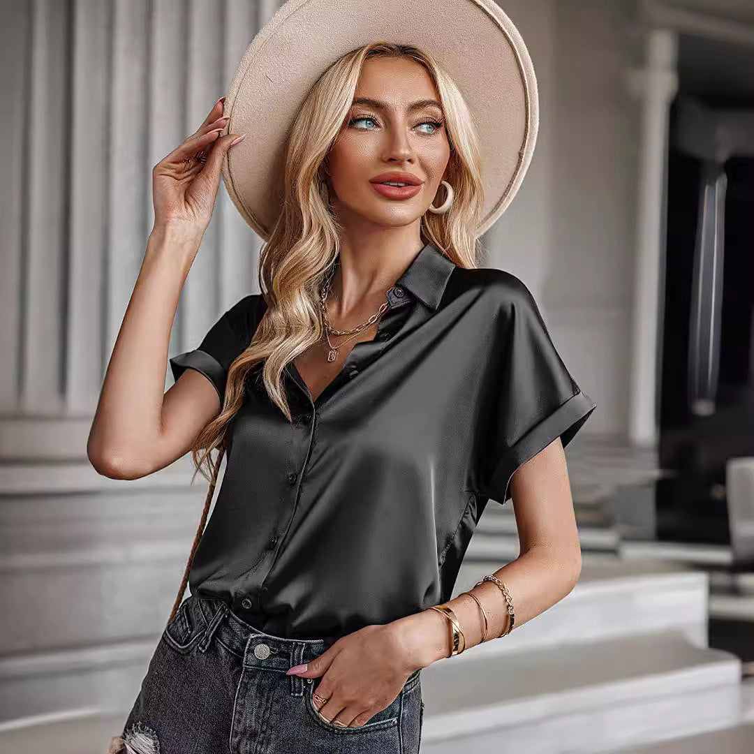Blouses - Multicolor Silk Short Sleeve Satin Button Shirt Casual Loose Top