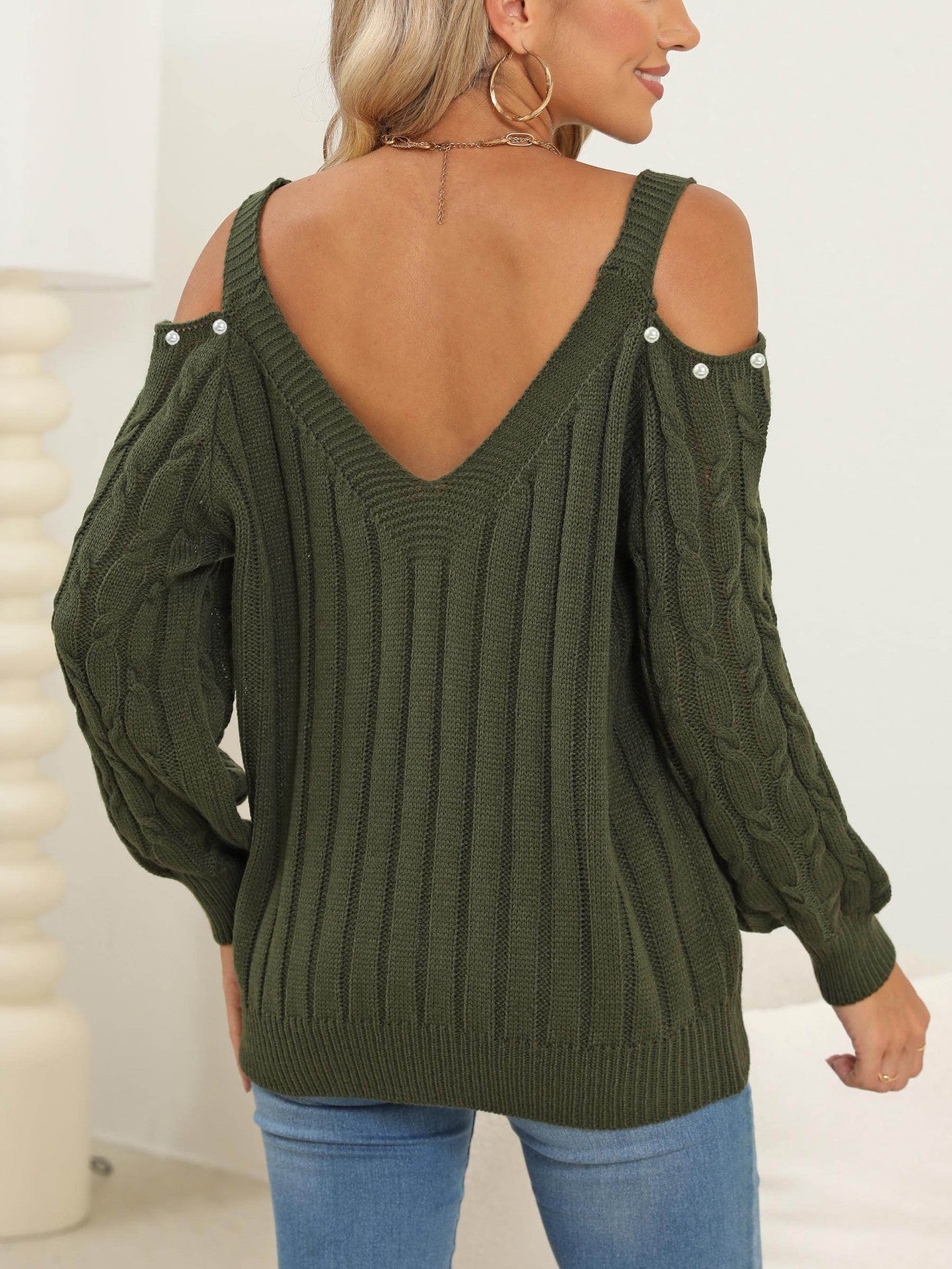 Sweaters - Woven Bottoming Shirt Deep V Off-the-shoulder Pullover Loose Sweater