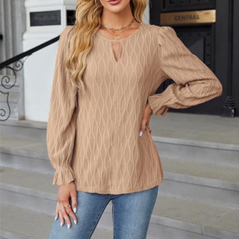 Blouses - Jacquard Round Neck Long Sleeve Top Women's Clothing