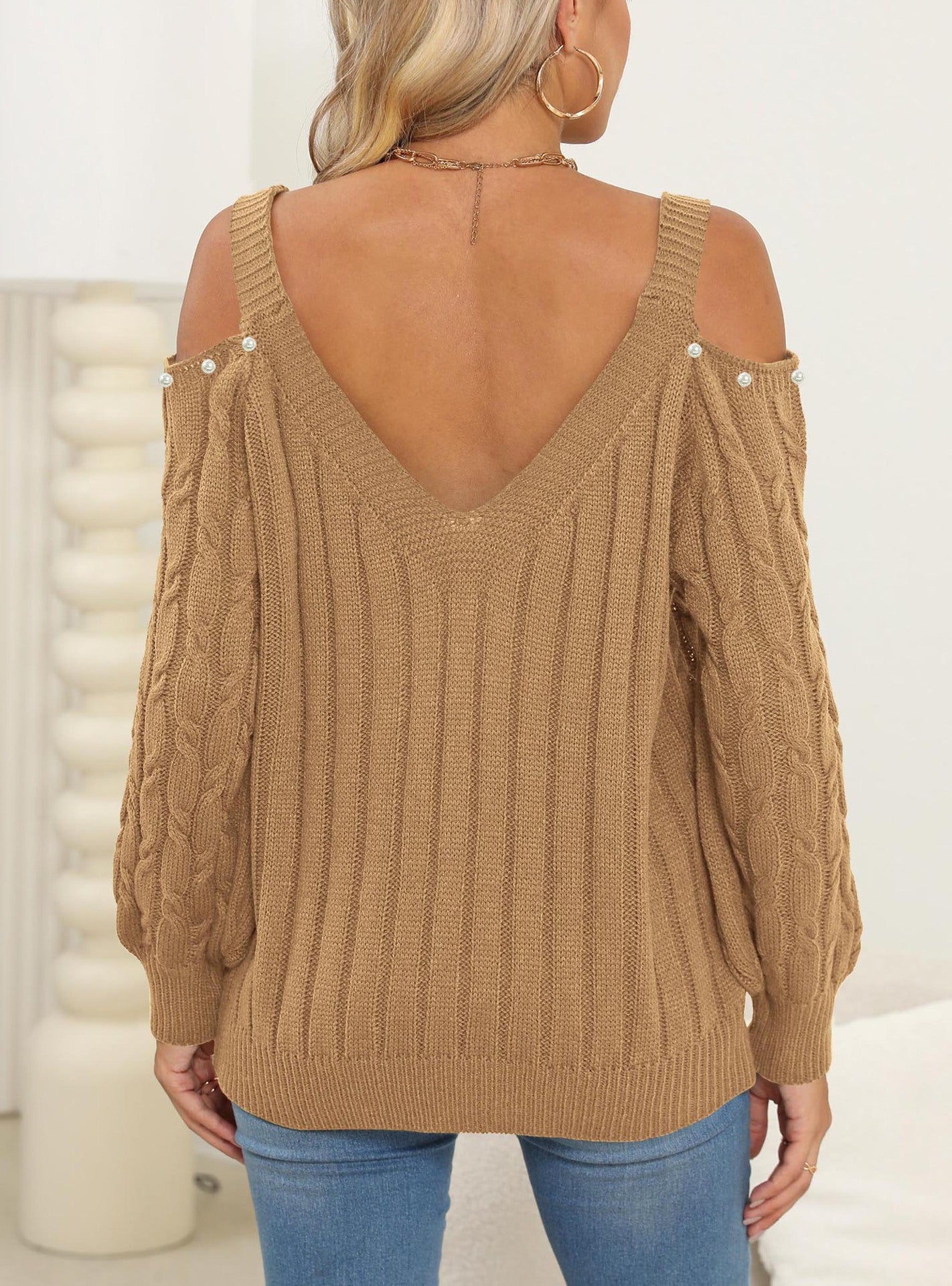 Sweaters - Woven Bottoming Shirt Deep V Off-the-shoulder Pullover Loose Sweater