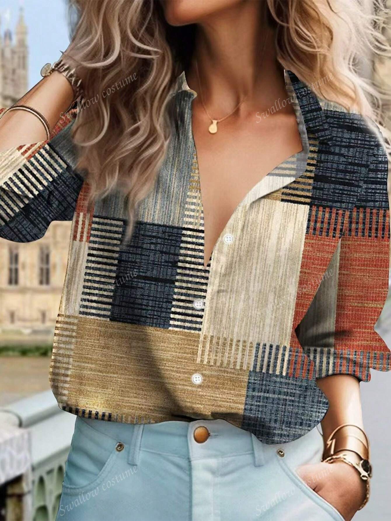 Shirts - Color Block Button Print Long Sleeve Casual Retro Shirt