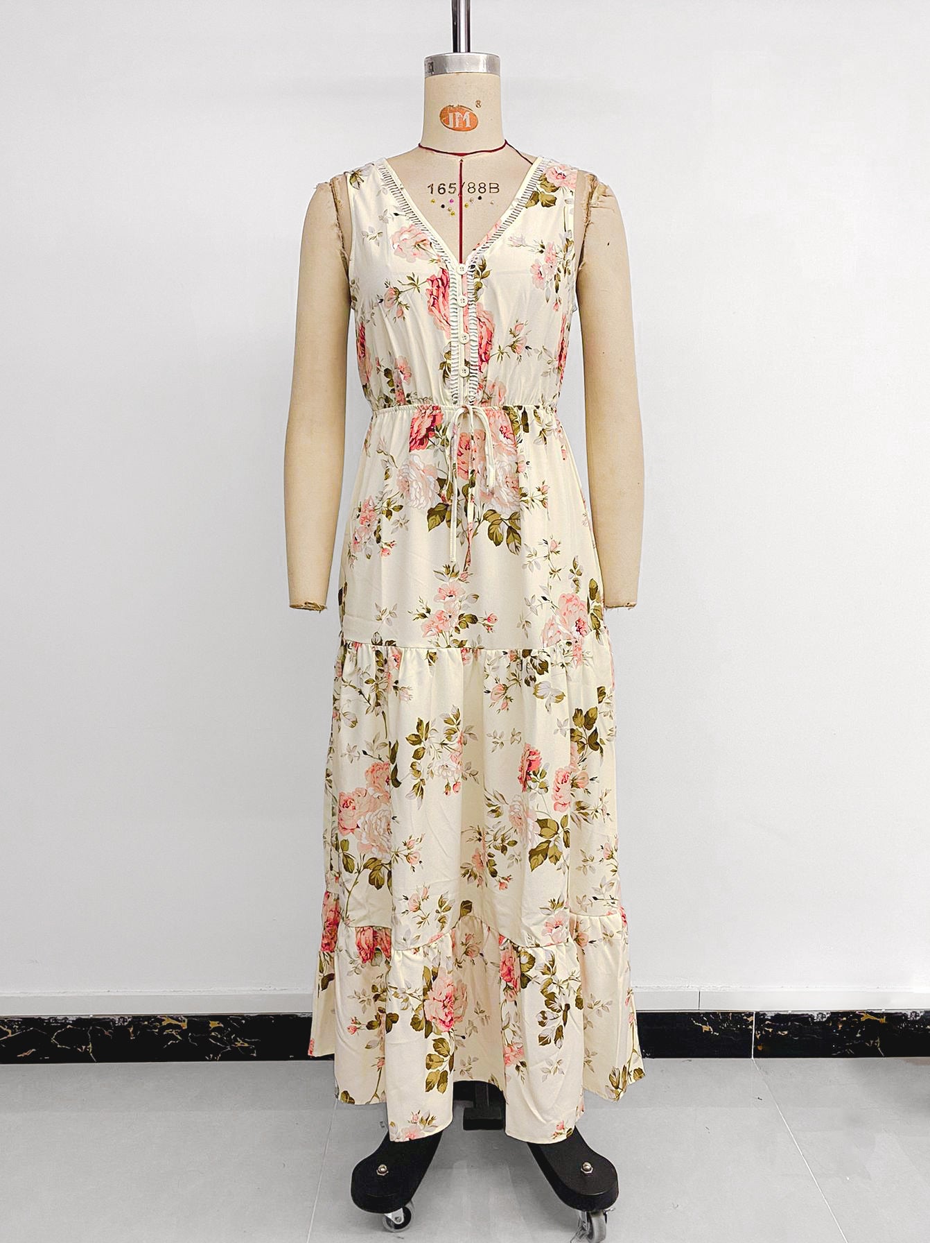 A-Line Dresses - European And American Printed Dress V-neck Lace Stitching Dress