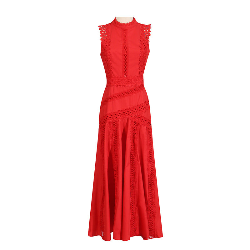 A-Line Dresses - Round Neck Sleeveless Waist Lace Stitching Solid Color Dress