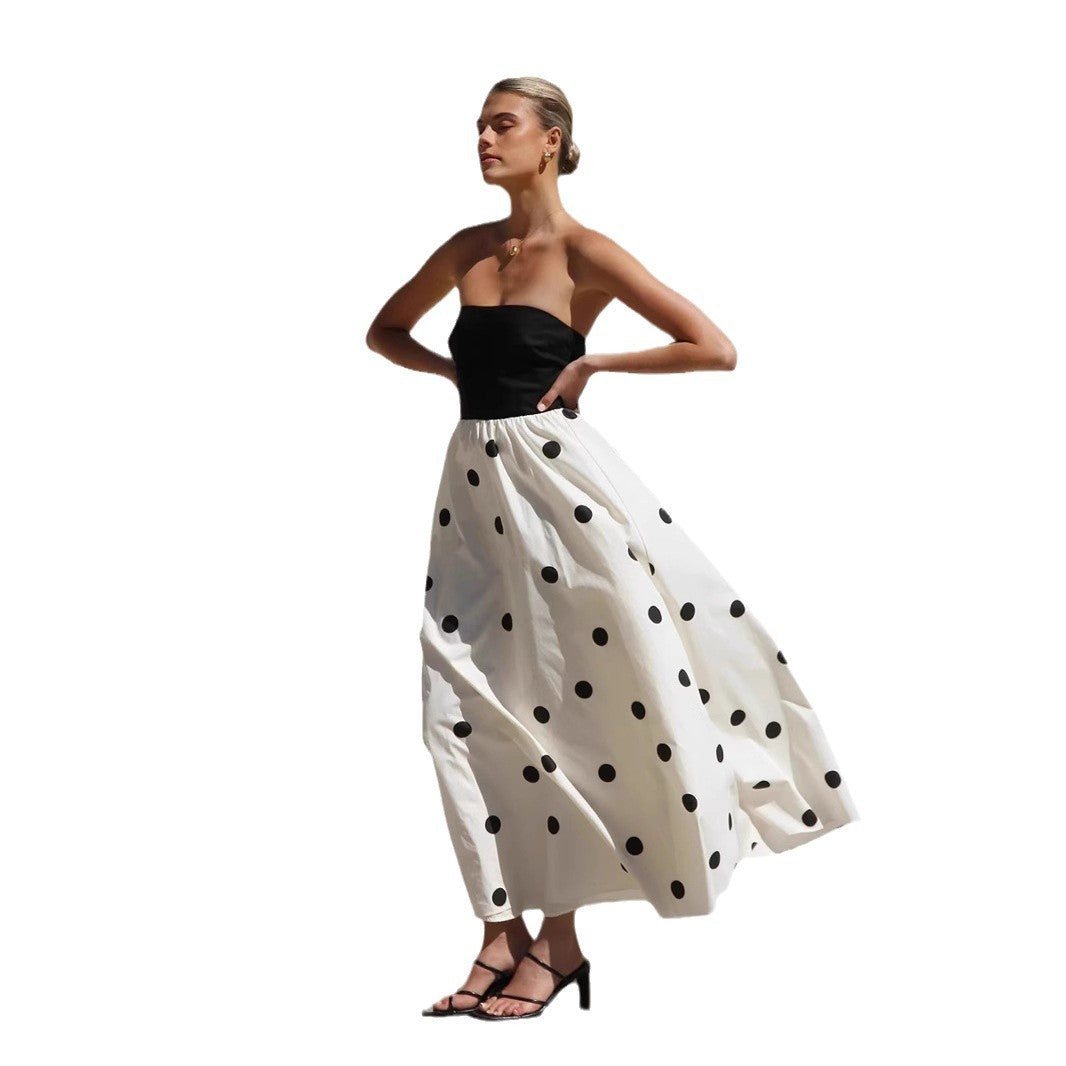 Strapless Dresses - Polka Dot Print Stitching Chest Wrap A- Line Dress