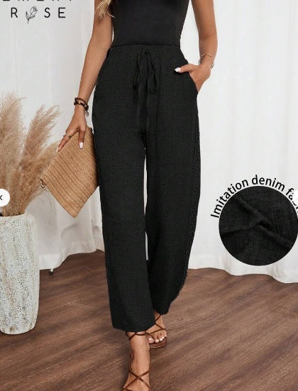 Pants - Women's Casual Side Lace Solid Denim Effect Long Pants
