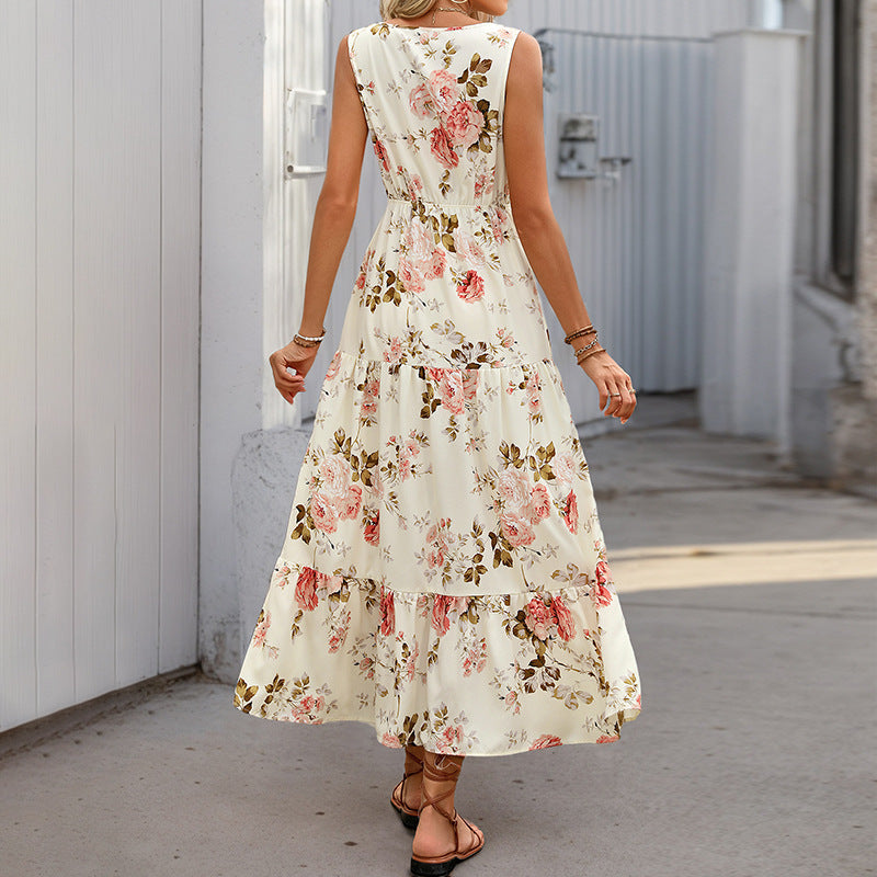 A-Line Dresses - European And American Printed Dress V-neck Lace Stitching Dress
