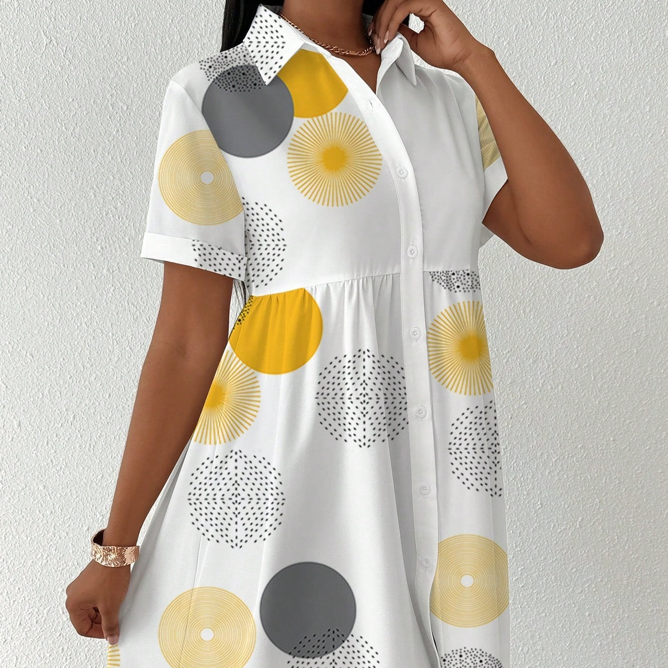 Shirt Dresses - Clasi Button-Front Short Sleeve All-Over Print Casual Short Dress Women Shirt