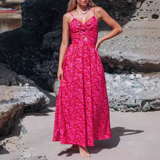 A-Line Dresses - Knotted V-neck Long Dress Women