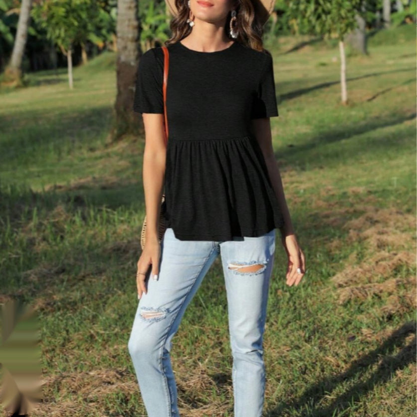 Blouses - Women's Short Sleeve T-shirt With Ruffled Bottom In Dark Blue