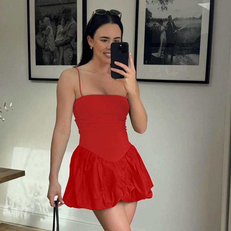 Drop Waist Dresses - Women's Solid Color Sleeveless Strap Stitching Short Dress