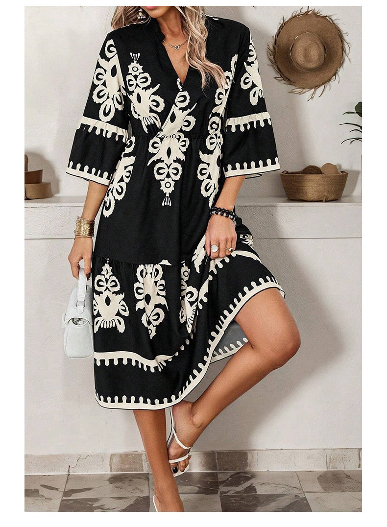 Casual Dresses - Women's Robe Fashion Printed Elegant Lace-up Dress