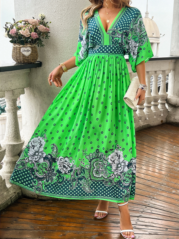 A-Line Dresses- Boho Roses Print A-Line Dress with Flowy Kimono Sleeves & Bowknot Back- Green- Pekosa Women Fashion