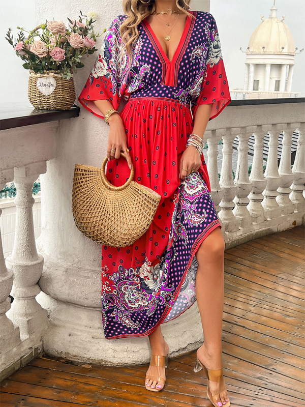 A-Line Dresses- Boho Roses Print A-Line Dress with Flowy Kimono Sleeves & Bowknot Back- - Pekosa Women Fashion