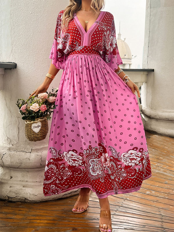 A-Line Dresses- Boho Roses Print A-Line Dress with Flowy Kimono Sleeves & Bowknot Back- - Pekosa Women Fashion