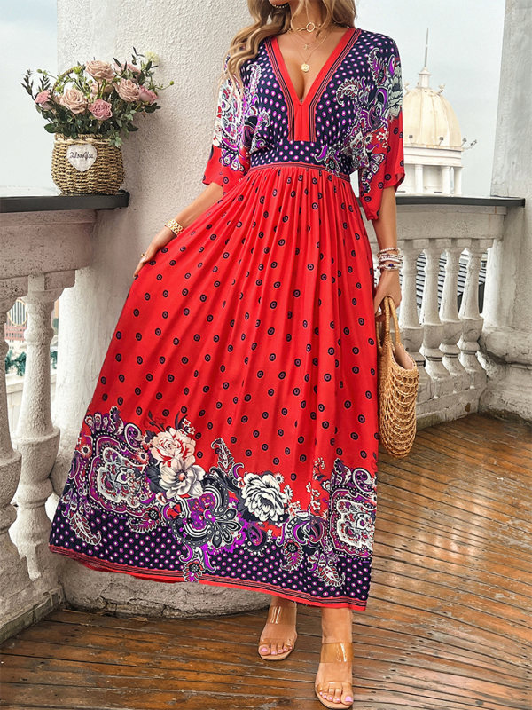 A-Line Dresses- Boho Roses Print A-Line Dress with Flowy Kimono Sleeves & Bowknot Back- - Pekosa Women Fashion