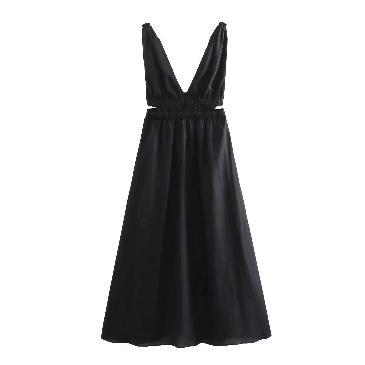 A-Line Dresses - Casual A-Line Dress with Side Cutouts and Smocked Straps