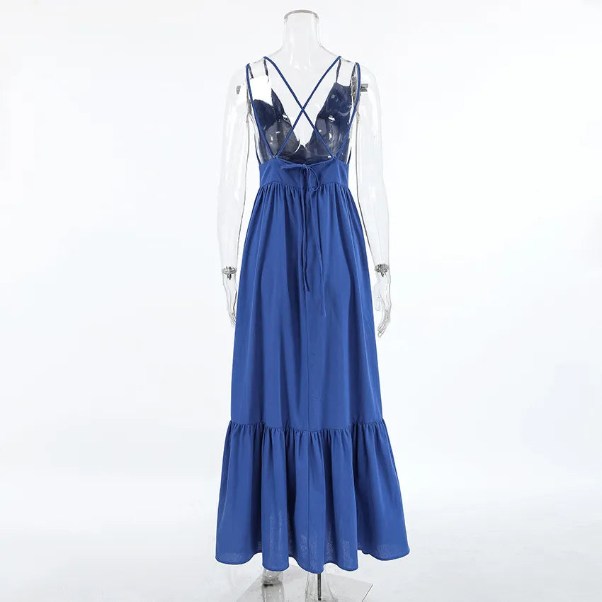 A-Line Dresses - Blue Backless Maxi Dress with Ruffle Hem