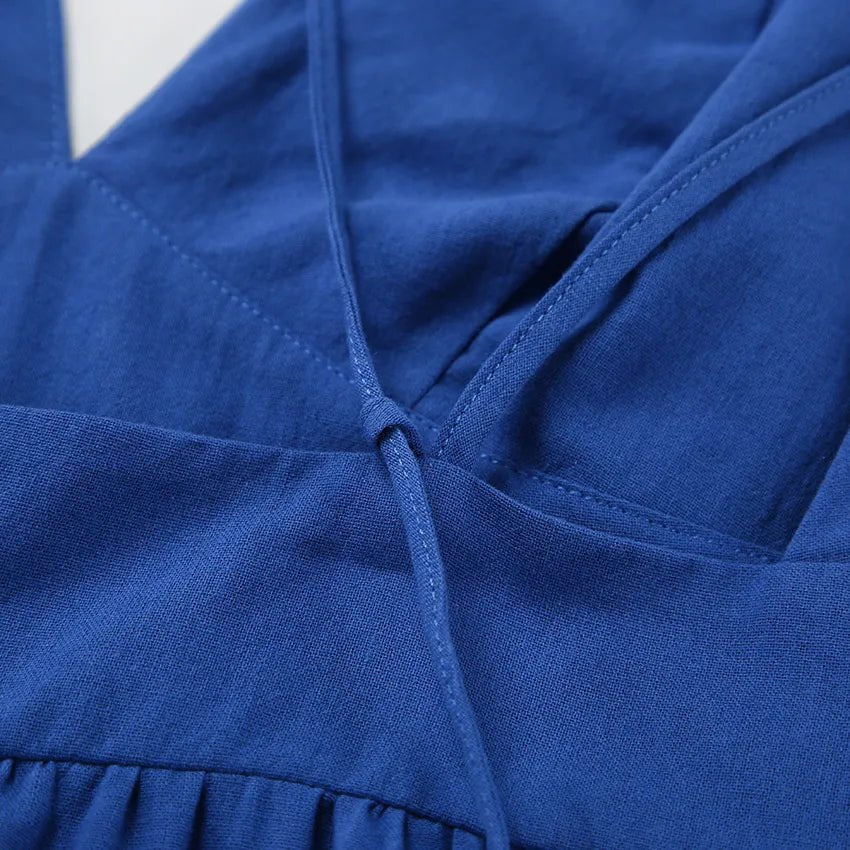 A-Line Dresses - Blue Backless Maxi Dress with Ruffle Hem