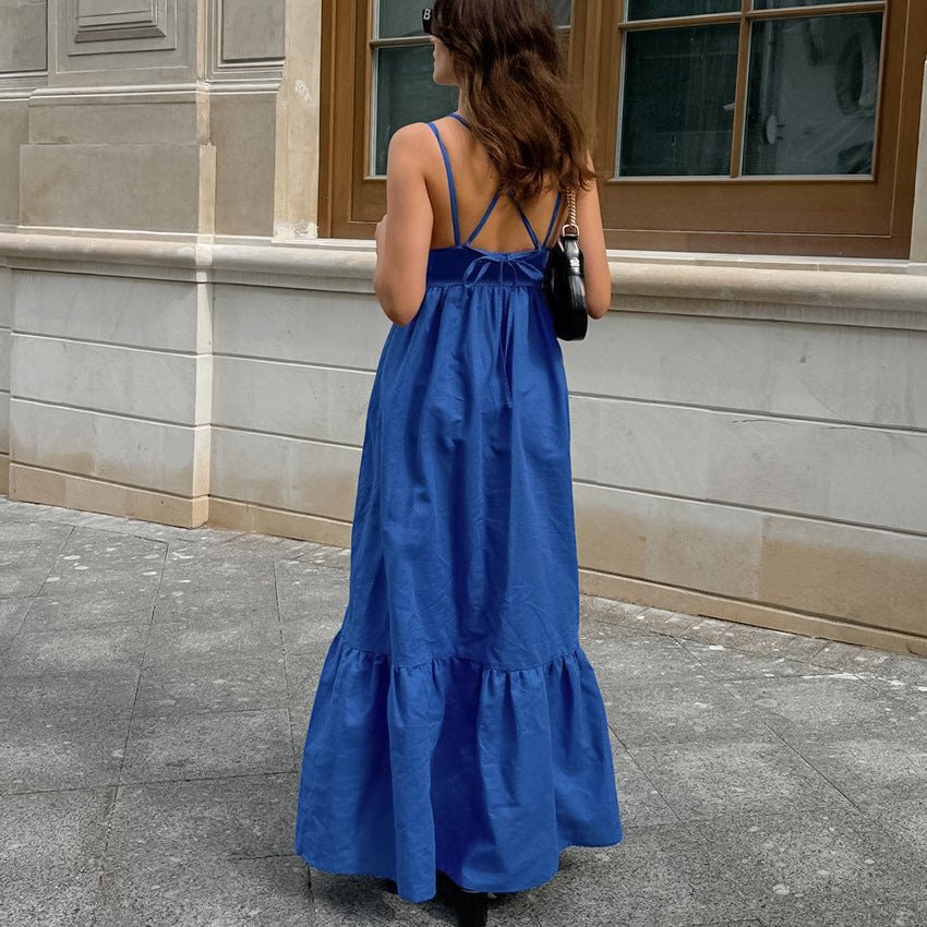 A-Line Dresses - Blue Backless Maxi Dress with Ruffle Hem