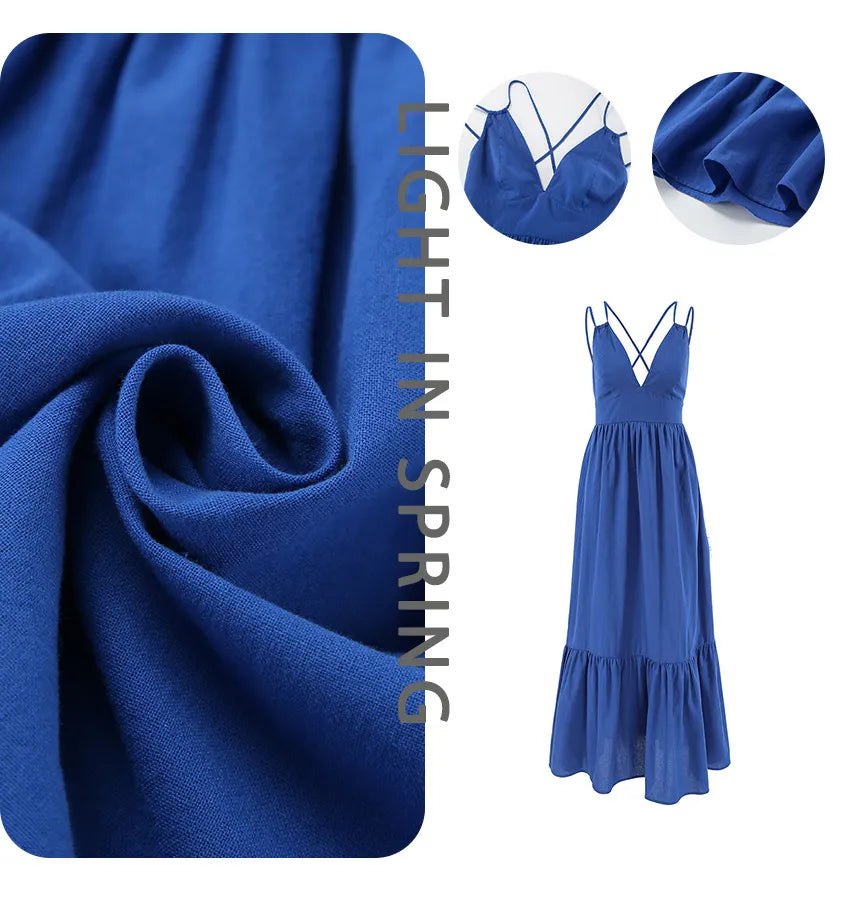 A-Line Dresses - Blue Backless Maxi Dress with Ruffle Hem
