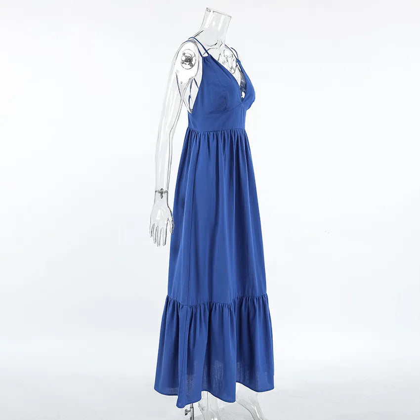 A-Line Dresses - Blue Backless Maxi Dress with Ruffle Hem