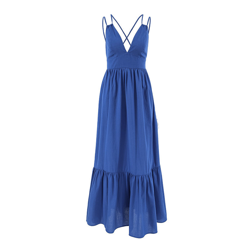 A-Line Dresses - Blue Backless Maxi Dress with Ruffle Hem