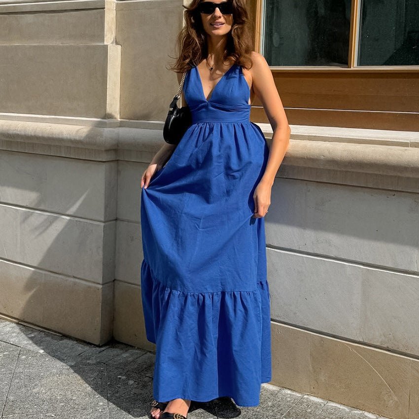 A-Line Dresses - Blue Backless Maxi Dress with Ruffle Hem