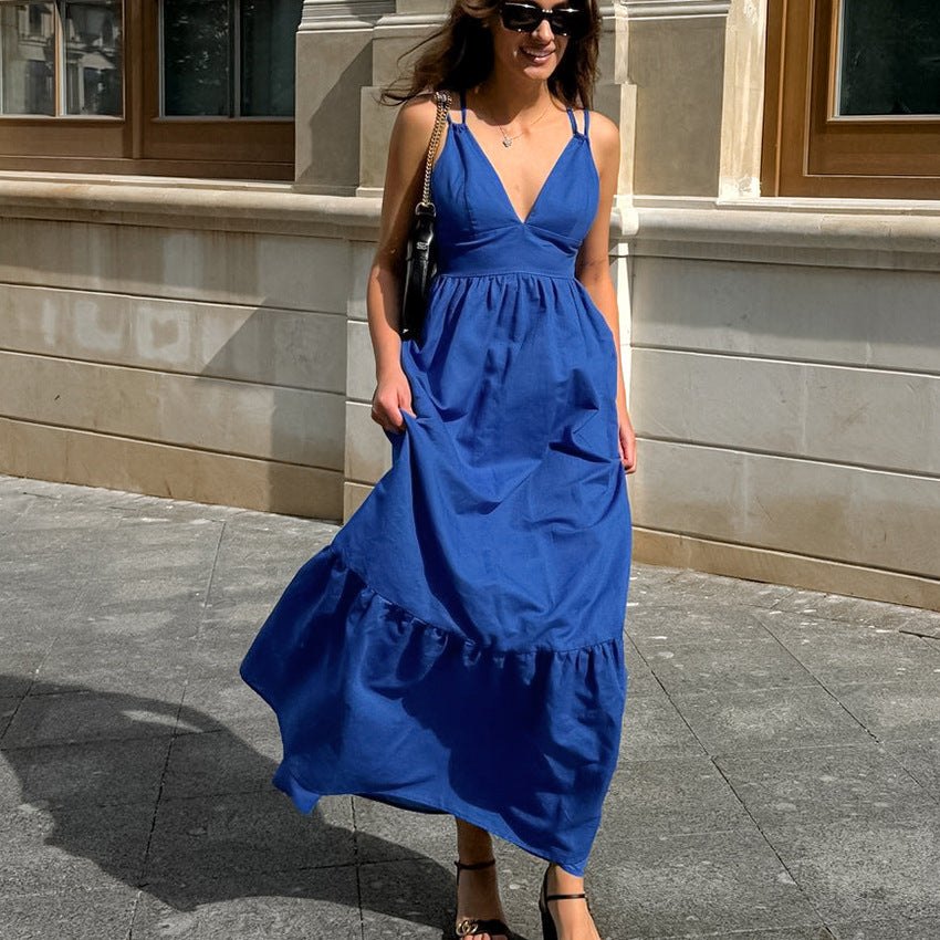 A-Line Dresses - Blue Backless Maxi Dress with Ruffle Hem