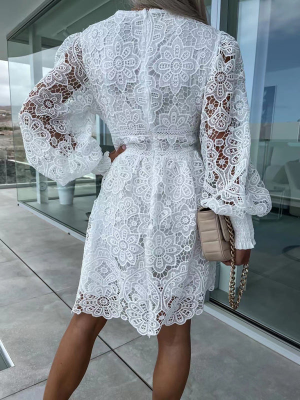 A-Line Dresses - Lace Cocktail Dress with Lantern Sleeves
