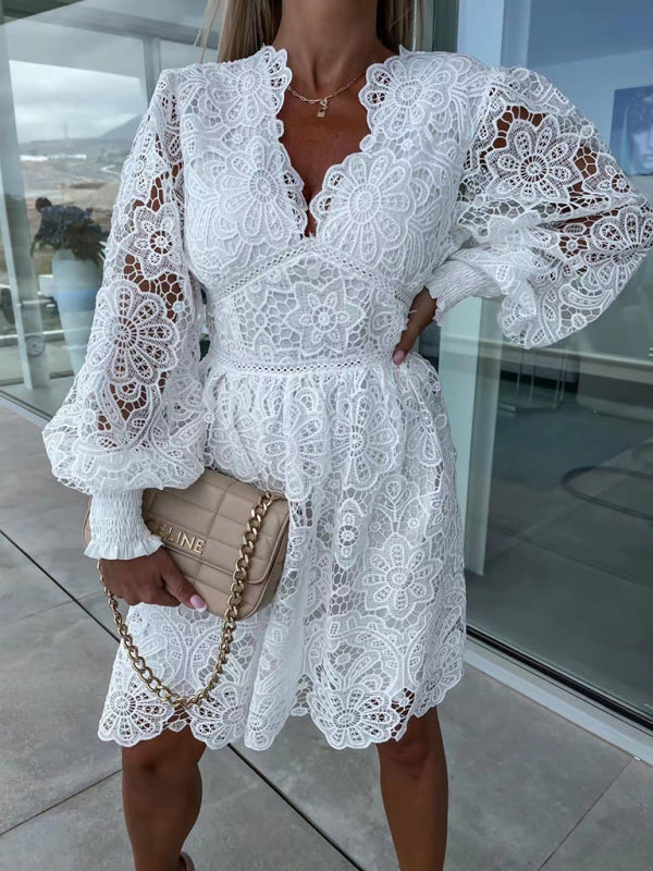A-Line Dresses - Lace Cocktail Dress with Lantern Sleeves