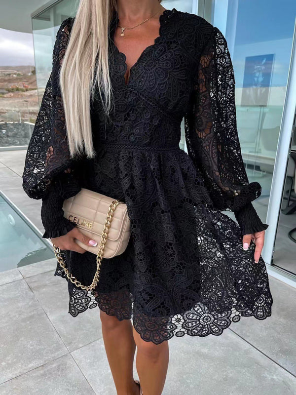 A-Line Dresses - Lace Cocktail Dress with Lantern Sleeves