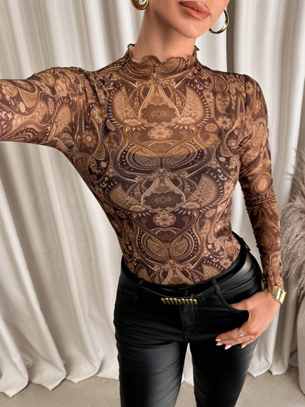 Animal Print Tops - High Frill Neck Leopard Print Top Blouse