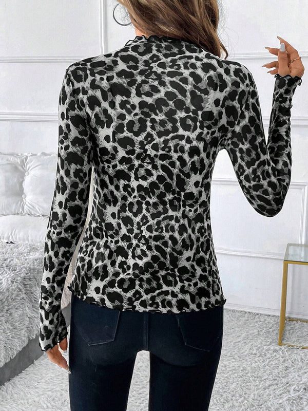 Animal Print Tops - High Frill Neck Leopard Print Top Blouse