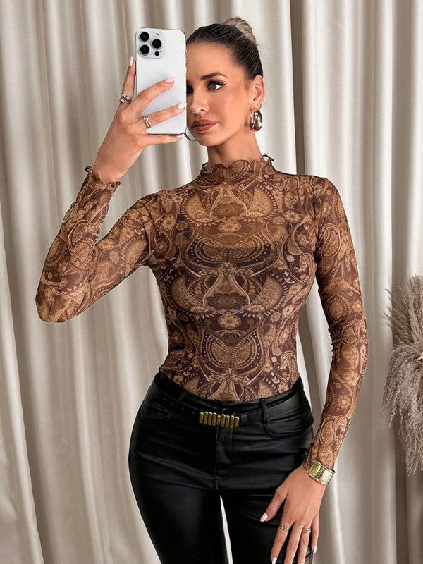 Animal Print Tops - High Frill Neck Leopard Print Top Blouse
