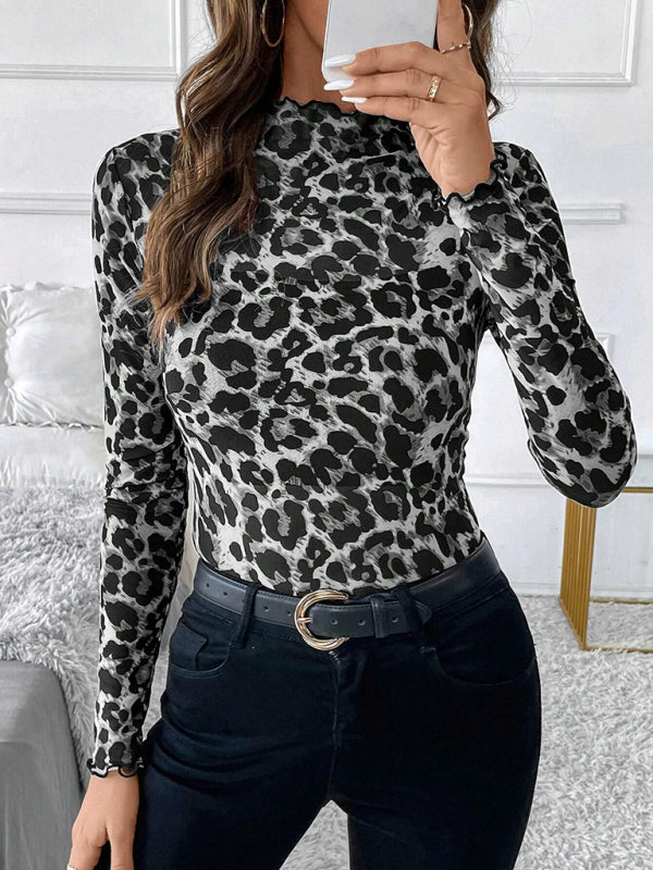 Animal Print Tops - High Frill Neck Leopard Print Top Blouse