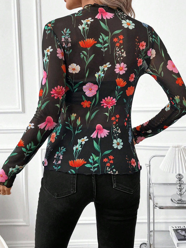 Animal Print Tops - High Frill Neck Leopard Print Top Blouse