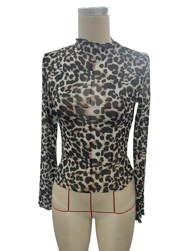 Animal Print Tops - High Frill Neck Leopard Print Top Blouse